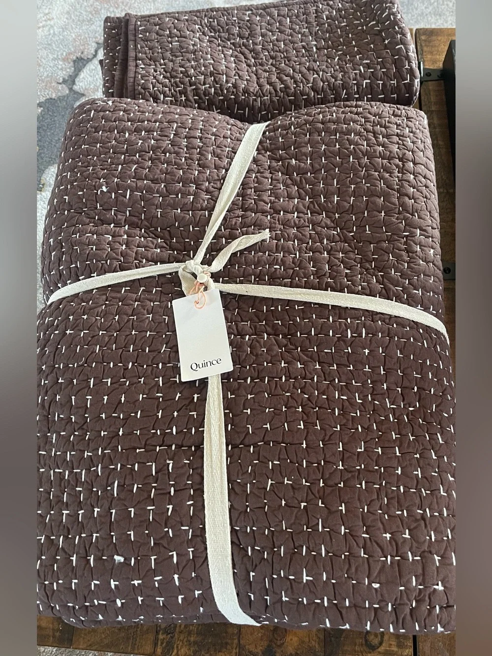 NWT Quince Organic Cotton Hand Stitched 3 pc Quilt Set, King/Cal (Espresso)